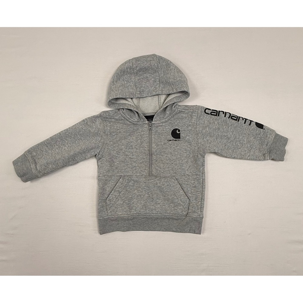 Distressed Carhartt Kids Heather Gray Half Zip Hoodie Logo Sleeve Sweatshirt 2T